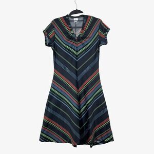 Vintage 70s Sears Black Striped Midi Dress Women S Short Sleeve V Neck Retro Mod
